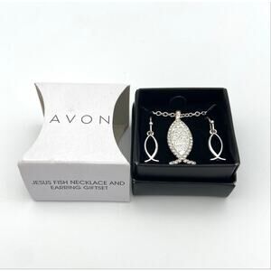 Avon Jesus Fish Necklace Earrings Gift Set Silver Tone Rhinestones 2016